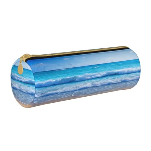 ESNAIUVCD Federmäppchen aus Leder mit Strand- und Meeresdruck, zylindrisch, mit Reißverschluss, hochwertiges PU-Leder, multifunktionale Schreibwarenaufbewahrung, geeignet für Studenten, weiß, von ESNAIUVCD