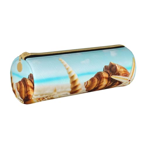 ESNAIUVCD Federmäppchen aus Leder mit Strand- und Muscheldruck, zylindrisch, mit Reißverschluss, hochwertiges PU-Leder, multifunktionale Schreibwarenaufbewahrung, geeignet für Studenten, weiß, von ESNAIUVCD