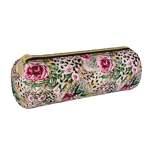 ESNAIUVCD Federmäppchen aus Leder mit Tiermotiven, Leopardenmuster, rosen, Blumendruck, zylindrisch, Reißverschluss, hochwertiges PU-Leder, multifunktionale Schreibwarenaufbewahrung, geeignet für von ESNAIUVCD