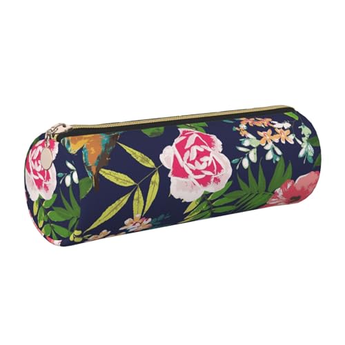 ESNAIUVCD Federmäppchen aus Leder mit Vogel- und Blumendruck, zylindrisch, Reißverschluss, PU-Leder, multifunktionale Schreibwaren-Aufbewahrung, geeignet für Studenten, gold, Einheitsgröße von ESNAIUVCD