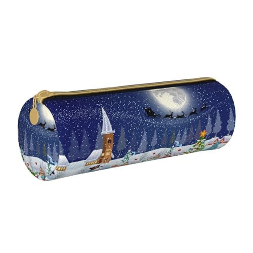 ESNAIUVCD Federmäppchen aus Leder mit Weihnachtsbaum und Schnee, zylindrischer Reißverschluss, hochwertiges PU-Leder, multifunktionale Schreibwarenaufbewahrung, geeignet für Studenten, weiß, von ESNAIUVCD