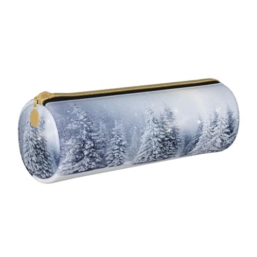ESNAIUVCD Federmäppchen aus Leder mit Weihnachtsschnee-Baum-Druck, zylindrischer Reißverschluss, hochwertiges PU-Leder, multifunktionale Schreibwaren-Aufbewahrung, geeignet für Studenten, weiß, von ESNAIUVCD