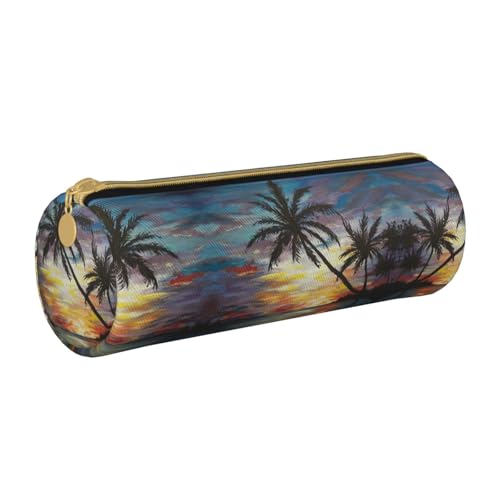 ESNAIUVCD Federmäppchen aus Leder mit tropischem Sonnenuntergang und zylindrischem Reißverschluss, hochwertiges PU-Leder, multifunktionale Schreibwarenaufbewahrung, geeignet für Studenten, weiß, von ESNAIUVCD