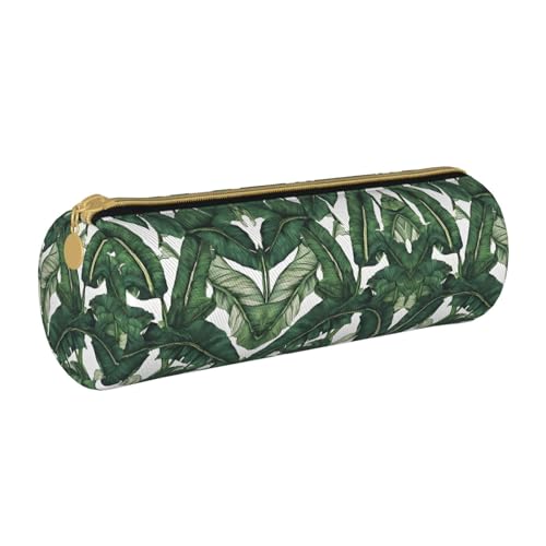 ESNAIUVCD Federmäppchen aus Leder mit tropischen Bananenpalmenblättern, zylindrischer Reißverschluss, hochwertiges PU-Leder, multifunktionale Schreibwarenaufbewahrung, geeignet für Studenten, weiß, von ESNAIUVCD