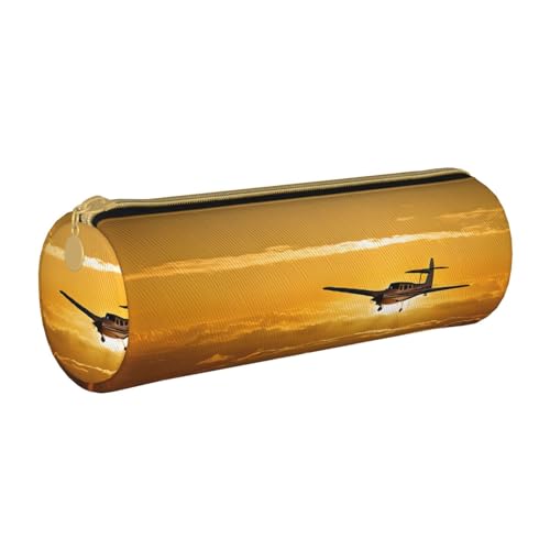 ESNAIUVCD Federmäppchen aus Leder mit zylindrischem Reißverschluss, Flugzeug bei Sonnenuntergang, hochwertiges PU-Leder, multifunktionale Schreibwarenaufbewahrung, geeignet für Studenten, weiß, von ESNAIUVCD