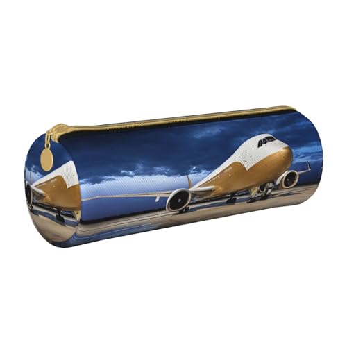 ESNAIUVCD Federmäppchen aus Leder mit zylindrischem Reißverschluss, Flugzeug im Abendlicht, hochwertiges PU-Leder, multifunktionale Schreibwarenaufbewahrung, geeignet für Studenten, weiß, von ESNAIUVCD