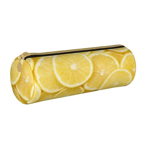 ESNAIUVCD Federmäppchen aus Leder mit zylindrischem Reißverschluss, Gelb mit Zitronenmuster, hochwertiges PU-Leder, multifunktionale Schreibwarenaufbewahrung, geeignet für Studenten, weiß, von ESNAIUVCD