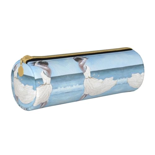 ESNAIUVCD Federmäppchen aus Leder mit zylindrischem Reißverschluss, Motiv: Mädchen an einem windigen Strand, hochwertiges PU-Leder, multifunktionale Schreibwaren-Aufbewahrung, geeignet für Studenten, von ESNAIUVCD