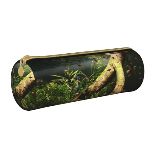 ESNAIUVCD Federmäppchen aus Leder mit zylindrischem Reißverschluss und Holz- und Fischdruck, hochwertiges PU-Leder, multifunktionale Schreibwarenaufbewahrung, geeignet für Studenten, weiß, von ESNAIUVCD