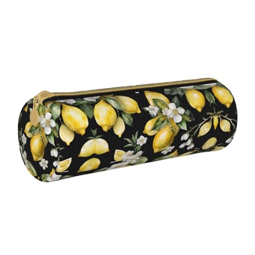 ESNAIUVCD Federmäppchen aus Leder mit zylindrischem Reißverschluss und Zitronen- und Blumendruck, hochwertiges PU-Leder, multifunktionale Schreibwarenaufbewahrung, geeignet für Studenten, weiß, von ESNAIUVCD