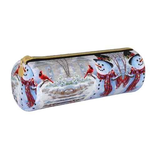 ESNAIUVCD Federmäppchen mit Aufschrift "Merry Christmas", Motiv: Schneemann und Vögel, zylindrischer Reißverschluss, hochwertiges PU-Leder, multifunktionale Schreibwarenaufbewahrung, geeignet für von ESNAIUVCD