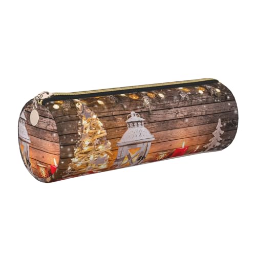 ESNAIUVCD Federmäppchen mit Aufschrift "Merry Christmas" aus Holz, Motiv: Hirsch, zylindrisch, Reißverschluss, PU-Leder, multifunktionale Schreibwaren-Aufbewahrung, geeignet für Studenten, gold von ESNAIUVCD