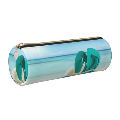 ESNAIUVCD Federmäppchen mit Flip-Flops-Druck, Leder, zylindrischer Reißverschluss, PU-Leder, multifunktionale Schreibwaren-Aufbewahrung, geeignet für Studenten, gold, Einheitsgröße, Kosmetikkoffer von ESNAIUVCD