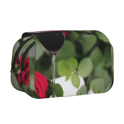 ESNAIUVCD Federmäppchen mit Kerzen und rotem Rosenwein-Aufdruck, großes Fassungsvermögen, doppellagig, geeignet für Jungen, Mädchen und Erwachsene. Diese Büro-Stifttasche mit Fächer-Design von ESNAIUVCD