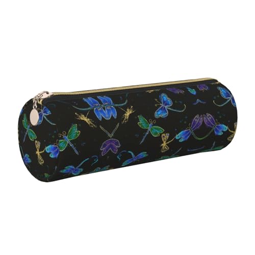ESNAIUVCD Federmäppchen mit Libellen-Druck, Leder, zylindrischer Reißverschluss, PU-Leder, multifunktionale Schreibwaren-Aufbewahrung, geeignet für Studenten, gold, Einheitsgröße, Kosmetikkoffer von ESNAIUVCD