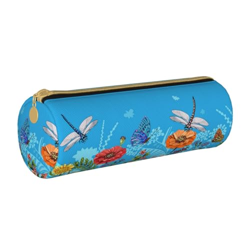 ESNAIUVCD Federmäppchen mit Libellen- und Blumendruck, Leder, zylindrisch, Reißverschluss, hochwertiges PU-Leder, multifunktionale Schreibwarenaufbewahrung, geeignet für Studenten, weiß, von ESNAIUVCD