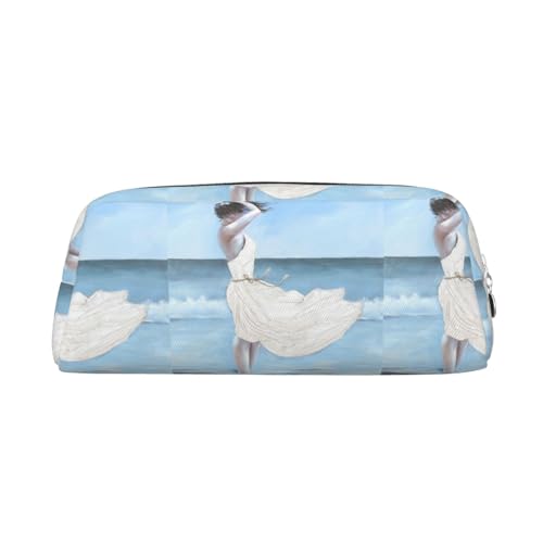 ESNAIUVCD Federmäppchen mit Reißverschluss, großes Federmäppchen, Motiv: Mädchen an einem windigen Strand, Arbeit, Reisen, multifunktionales Federmäppchen, Make-up-Tasche, silber, Einheitsgröße von ESNAIUVCD