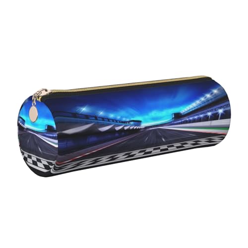 ESNAIUVCD Federmäppchen mit Rennbahn-Aufdruck, zylindrischer Reißverschluss, PU-Leder, multifunktionale Schreibwaren-Aufbewahrung, geeignet für Studenten, gold, Einheitsgröße, Kosmetikkoffer von ESNAIUVCD