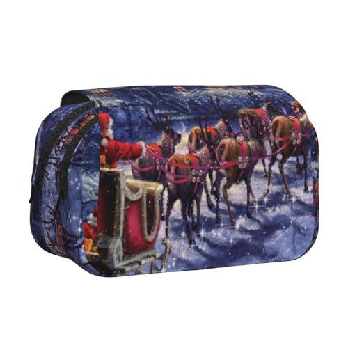 ESNAIUVCD Federmäppchen mit Weihnachtsmann- und Hirschaufdruck, großes Fassungsvermögen, doppellagig, geeignet für Jungen, Mädchen und Erwachsene. Diese Büro-Stifttasche mit Fächer-Design, Schwarz von ESNAIUVCD