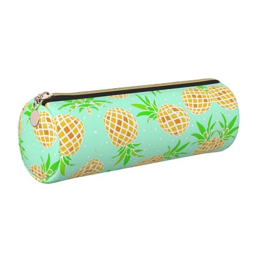 ESNAIUVCD Federmäppchen mit grünem Ananas-Druck, zylindrischer Reißverschluss, PU-Leder, multifunktionale Schreibwaren-Aufbewahrung, geeignet für Studenten, gold, Einheitsgröße, Kosmetikkoffer von ESNAIUVCD