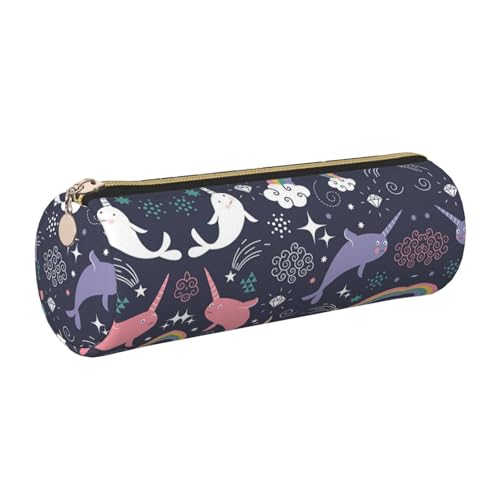 ESNAIUVCD Federmäppchen mit niedlichem Meerestier-Regenbogen-Druck, zylindrischer Reißverschluss, PU-Leder, multifunktionale Schreibwaren-Aufbewahrung, geeignet für Schüler, gold, Einheitsgröße von ESNAIUVCD