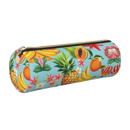 ESNAIUVCD Federmäppchen mit tropischen Früchten und Blumen, zylindrischer Reißverschluss, PU-Leder, multifunktionale Schreibwaren-Aufbewahrung, geeignet für Studenten, gold, Einheitsgröße von ESNAIUVCD