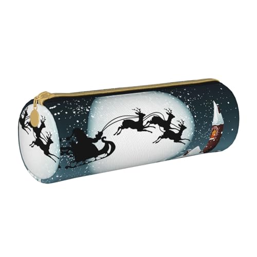 ESNAIUVCD Federmäppchen mit weihnachtlichem Hirsch-Weihnachtsmann-Druck, Leder, zylindrischer Reißverschluss, hochwertiges PU-Leder, multifunktionale Schreibwarenaufbewahrung, geeignet für Studenten, von ESNAIUVCD