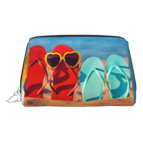 ESNAIUVCD Flip-Flops On A Sandy Beach Print Make-up-Tasche, Kosmetiktasche, Damen-Kosmetiktasche aus PU-Leder mit Handschlaufe, Reise-Kulturbeutel, Make-up-Tasche, silber, Einheitsgröße von ESNAIUVCD