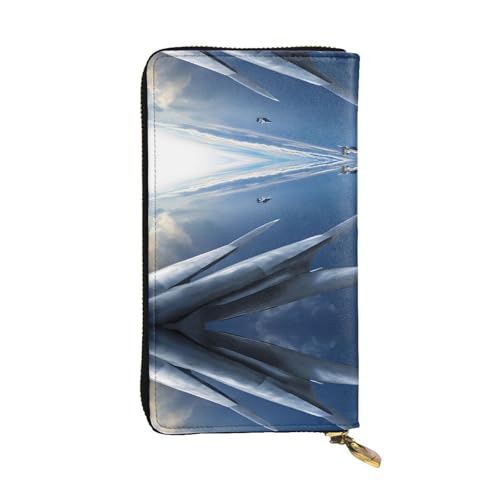ESNAIUVCD Flugzeug-Jets-Druck, echtes Leder, Damen, Herren, Geldbörse, Multifunktions-Clutch, Reißverschluss, großes Reise-Handy, lange Geldbörse, Schwarz , Einheitsgröße von ESNAIUVCD