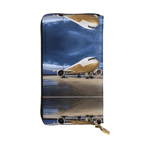 ESNAIUVCD Flugzeug-in-Abend-Licht-Druck, echtes Leder, Damen, Herren, Geldbörse, Multifunktions-Clutch, Reißverschluss, große Reise-Handy, lange Geldbörsen, Schwarz , Einheitsgröße von ESNAIUVCD