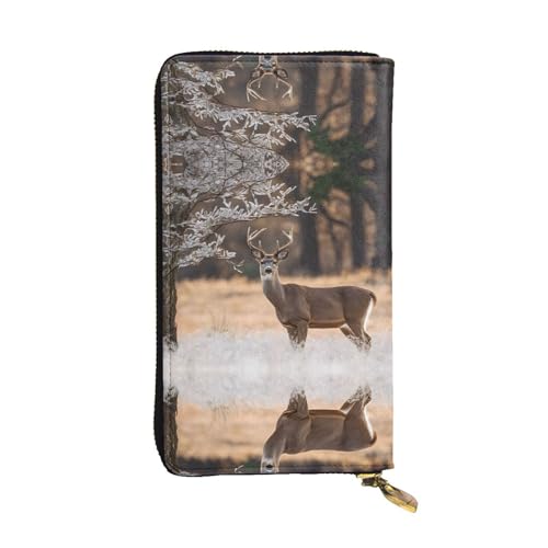 ESNAIUVCD Free Whitetail Deer Print Echtes Leder Damen Herren Geldbörsen Multifunktions-Clutch Geldbörse Reißverschluss Groß Reise Handy Lange Geld Geldbörsen, Schwarz , Einheitsgröße von ESNAIUVCD
