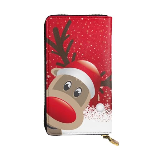 ESNAIUVCD Frohe Weihnachten, niedlicher Cartoon-Elch-Druck, echtes Leder, Damen- und Herren-Geldbörse, multifunktional, mit Reißverschluss, großes Reise-Handy, lange Geldbörse, Schwarz , Einheitsgröße von ESNAIUVCD