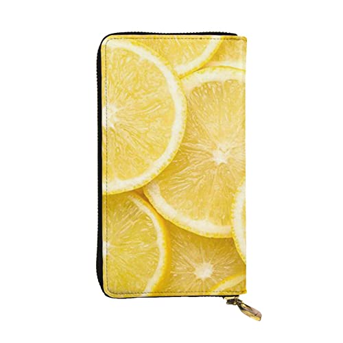 ESNAIUVCD Gelbes Zitronenmuster aus echtem Leder für Damen, Herren, multifunktional, Clutch, Reißverschluss, große Reise-Handy, lange Geldbörsen, Schwarz , Einheitsgröße von ESNAIUVCD