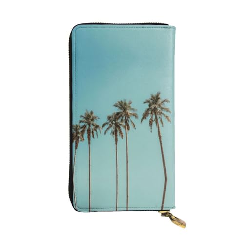 ESNAIUVCD Geldbörse mit Palmen-Druck, echtes Leder, für Damen, Herren, multifunktional, Clutch, Reißverschluss, große Reise-Handy, lange Geldbeutel, Schwarz , Einheitsgröße von ESNAIUVCD