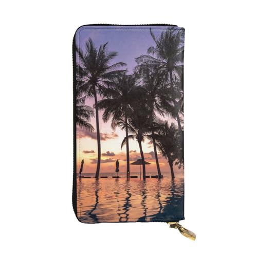 ESNAIUVCD Geldbörse mit Palmen-Druck, echtes Leder, für Damen, Herren, multifunktional, Clutch, Reißverschluss, große Reise-Handy, lange Geldbeutel, Schwarz , Einheitsgröße von ESNAIUVCD