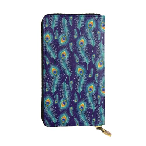 ESNAIUVCD Geldbörse mit Pfauenvögeln und Federn, echtes Leder, für Damen, Herren, Multifunktions-Clutch, Reißverschluss, große Reise-Handy, lange Geldbörse, Schwarz , Einheitsgröße von ESNAIUVCD