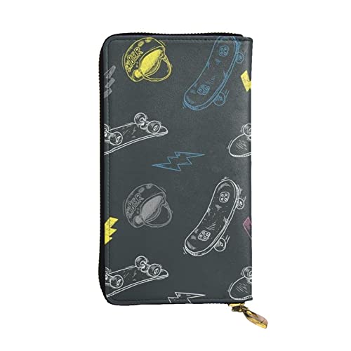 ESNAIUVCD Graffiti-Skateboard-Druck, echtes Leder, für Damen, Herren, multifunktional, Clutch, Reißverschluss, große Reise-Handy, lange Geldbörse, Schwarz , Einheitsgröße von ESNAIUVCD