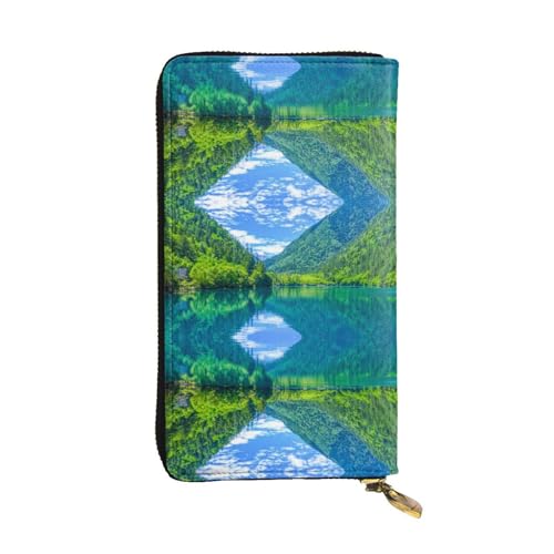 ESNAIUVCD Green Hills and Water Print Echtes Leder Damen Herren Geldbörsen Multifunktions-Clutch Geldbörse Reißverschluss Groß Reise Handy Lange Geld Geldbörsen, Schwarz , Einheitsgröße von ESNAIUVCD