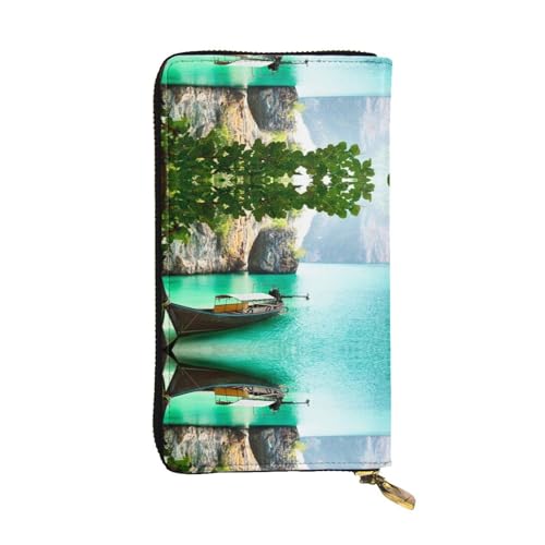 ESNAIUVCD Green Lake Boat Print Echtes Leder Damen Herren Geldbörsen Multifunktions Clutch Geldbörse Reißverschluss Groß Reise Handy Lange Geld Geldbörsen, Schwarz , Einheitsgröße von ESNAIUVCD