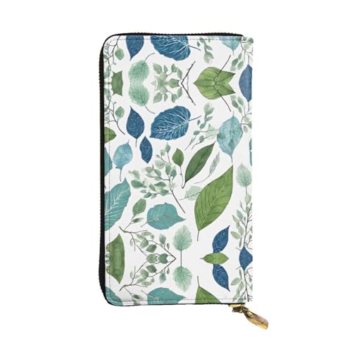 ESNAIUVCD Grüne Eukalyptusblätter, echtes Leder, Damen, Herren, Geldbörse, Multifunktions-Clutch, Reißverschluss, große Reise-Handy, lange Geldbörsen, Schwarz , Einheitsgröße von ESNAIUVCD