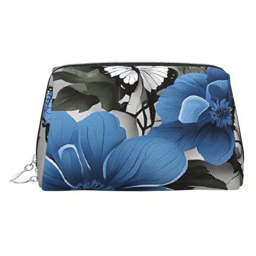 ESNAIUVCD Kosmetiktasche für Damen, PU-Leder, mit Handschlaufe, Reise-Kulturbeutel, Make-up-Tasche, Blaugrün, Blumen-Schmetterlings-Aufdruck, Grau, silber, Einheitsgröße von ESNAIUVCD