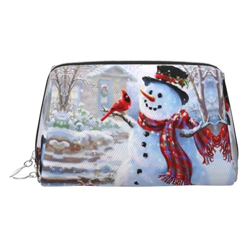 ESNAIUVCD Kosmetiktasche mit Aufschrift "Merry Christmas", Motiv: Schneemann und Vögel, PU-Leder, Kosmetiktasche mit Handgelenkschlaufe, Reise-Kulturbeutel, Make-up-Tasche, silber, Einheitsgröße von ESNAIUVCD