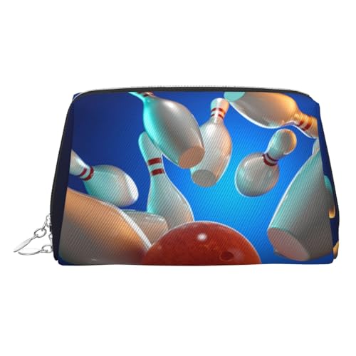 ESNAIUVCD Kosmetiktasche mit Bowlingball-Aufdruck, Damen-Kosmetiktasche aus PU-Leder mit Handschlaufe, Reise-Kulturbeutel, Make-up-Tasche, silber, Einheitsgröße von ESNAIUVCD