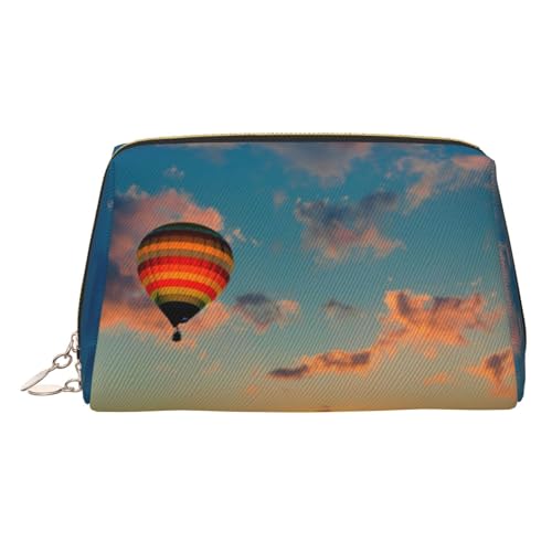 ESNAIUVCD Kosmetiktasche mit Heißluftballon-Motiv und Sonnenuntergang-Druck, Damen-Kosmetiktasche aus PU-Leder mit Handschlaufe, Reise-Kulturbeutel, Make-up-Tasche, gold, Einheitsgröße von ESNAIUVCD