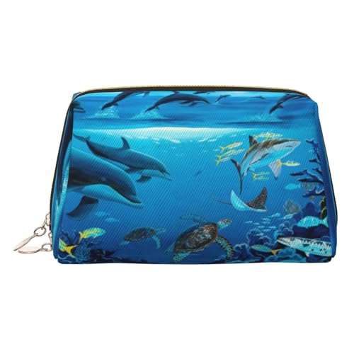 ESNAIUVCD Kosmetiktasche mit Meereslebewesen-Druck, Kosmetiktasche für Damen, PU-Leder, Kosmetiktasche mit Handschlaufe, Reise-Kulturbeutel, Make-up-Tasche, gold, Einheitsgröße von ESNAIUVCD