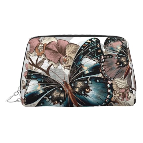 ESNAIUVCD Kosmetiktasche mit Schmetterlings-Blumendruck, Damen-Kosmetiktasche aus PU-Leder mit Handschlaufe, Reise-Kulturbeutel, Make-up-Tasche, silber, Einheitsgröße von ESNAIUVCD