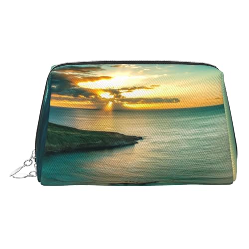 ESNAIUVCD Kosmetiktasche mit Sonnenaufgang über Hawaii-Druck, Damen-Kosmetiktasche aus PU-Leder mit Handschlaufe, Reise-Kulturbeutel, Make-up-Tasche, silber, Einheitsgröße von ESNAIUVCD