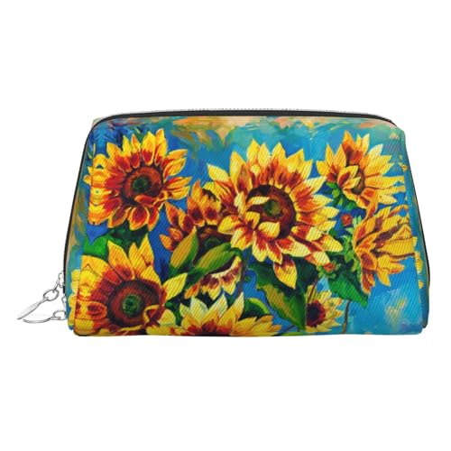 ESNAIUVCD Kosmetiktasche mit Sonnenblumen-Aufdruck, Damen-Kosmetiktasche aus PU-Leder mit Handschlaufe, Reise-Kulturbeutel, Make-up-Tasche, silber, Einheitsgröße von ESNAIUVCD