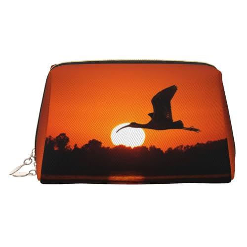 ESNAIUVCD Kosmetiktasche mit Sonnenuntergangs-Vogel-Aufdruck, Damen-Kosmetiktasche aus PU-Leder mit Handschlaufe, Reise-Kulturbeutel, Make-up-Tasche, gold, Einheitsgröße von ESNAIUVCD
