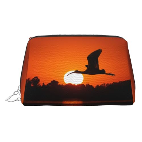 ESNAIUVCD Kosmetiktasche mit Sonnenuntergangs-Vogel-Aufdruck, Damen-Kosmetiktasche aus PU-Leder mit Handschlaufe, Reise-Kulturbeutel, Make-up-Tasche, silber, Einheitsgröße von ESNAIUVCD